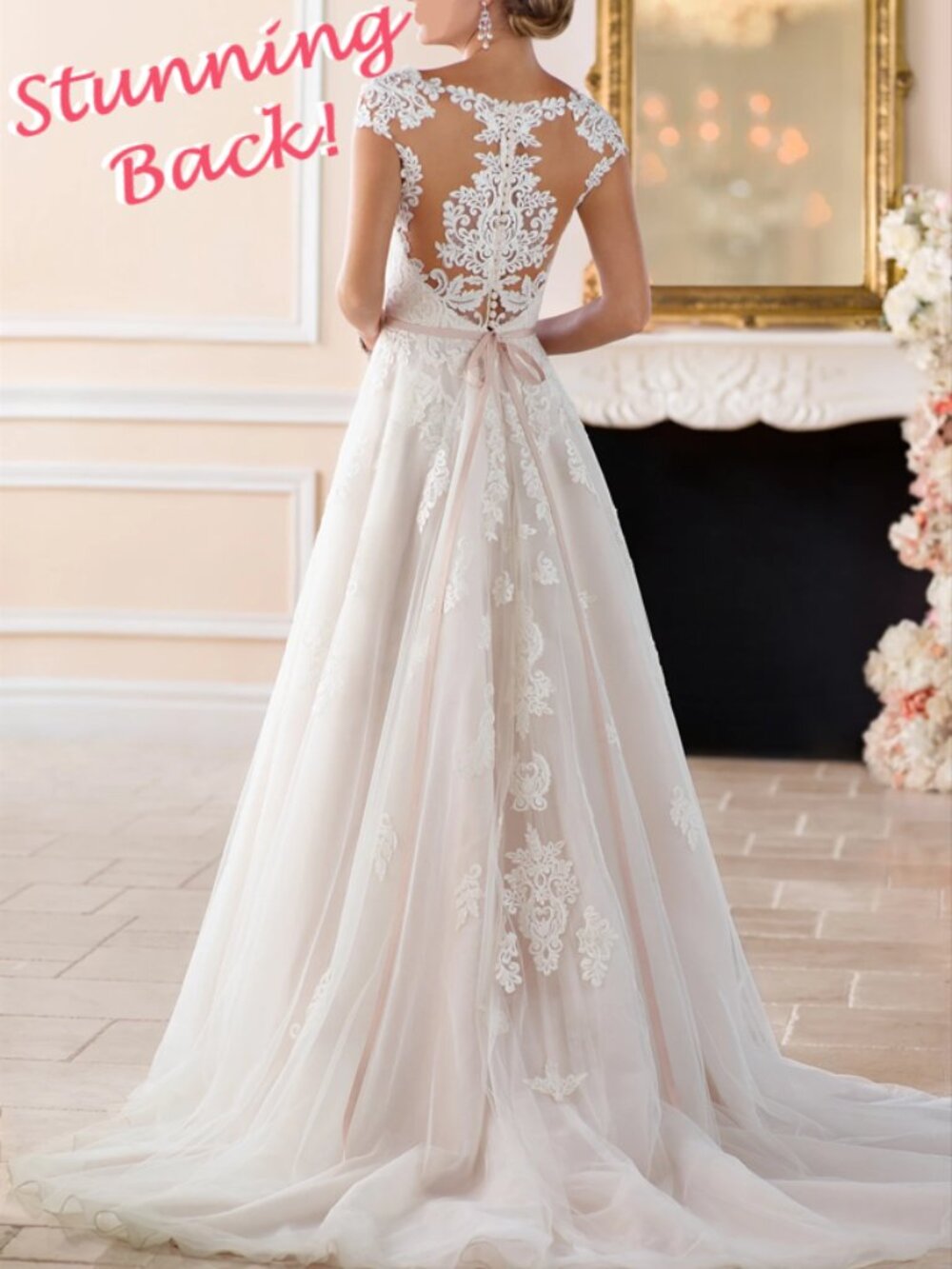Discontinued Stella York Romantic Lace Wedding Dress with Cameo Back & Belt 6391